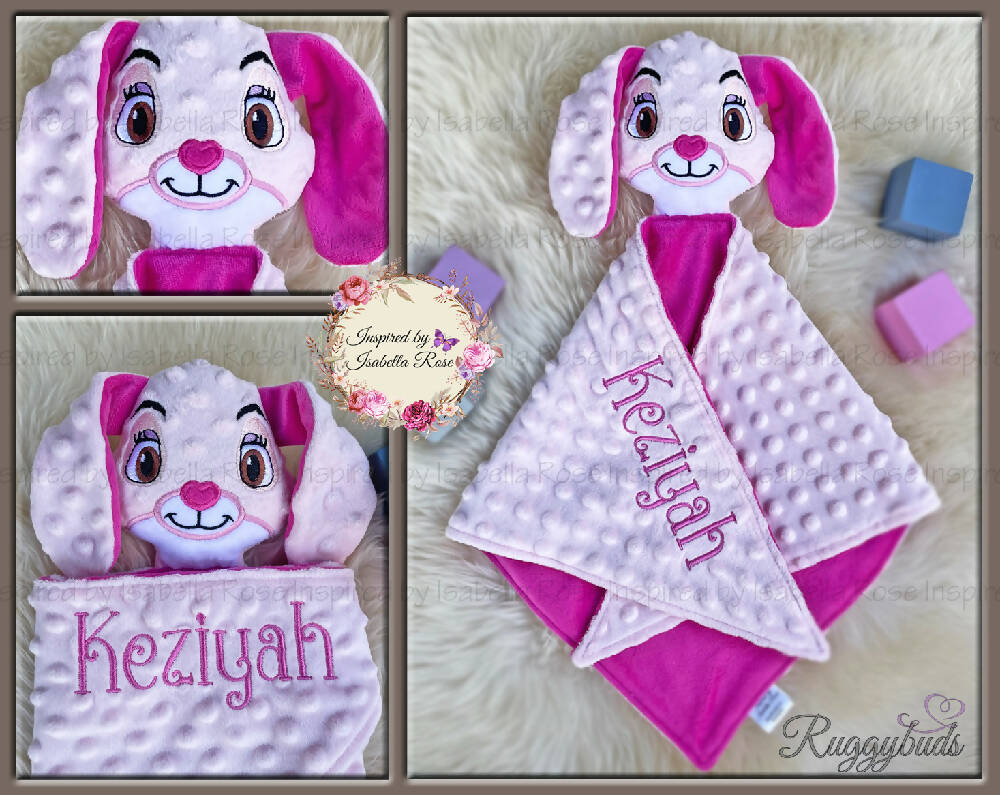 Baby comforter, Embroidered name, Bunny themed Ruggybud, Made to order