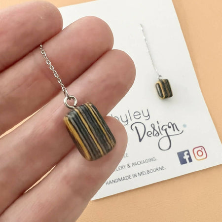 Unique Yellow and Grey Striped Wooden Earrings