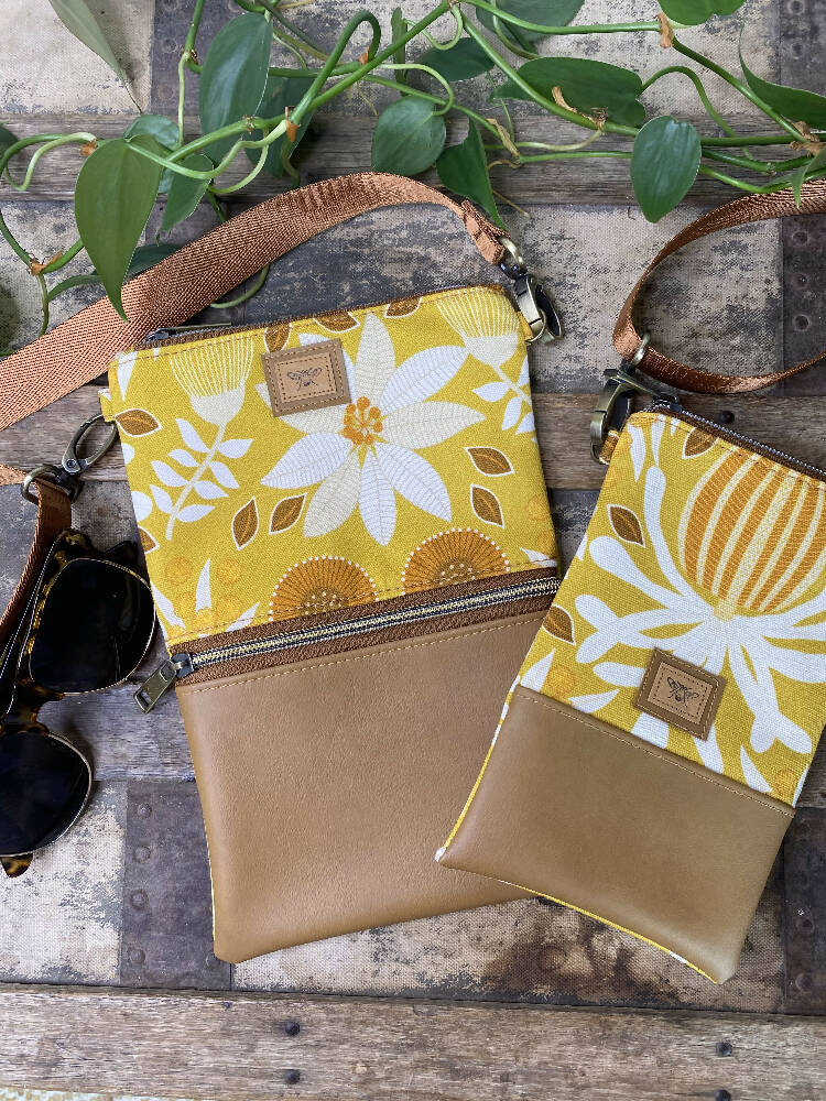 Mini & Small Crossbody Bag - Yellow Banksia/Tan Faux Leather