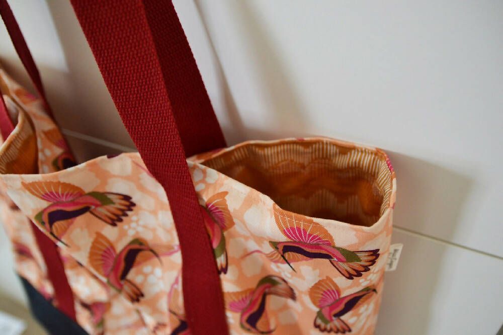 Tote Bag for Shopping/Market/Beach – Hummingbirds (Peach) + Denim