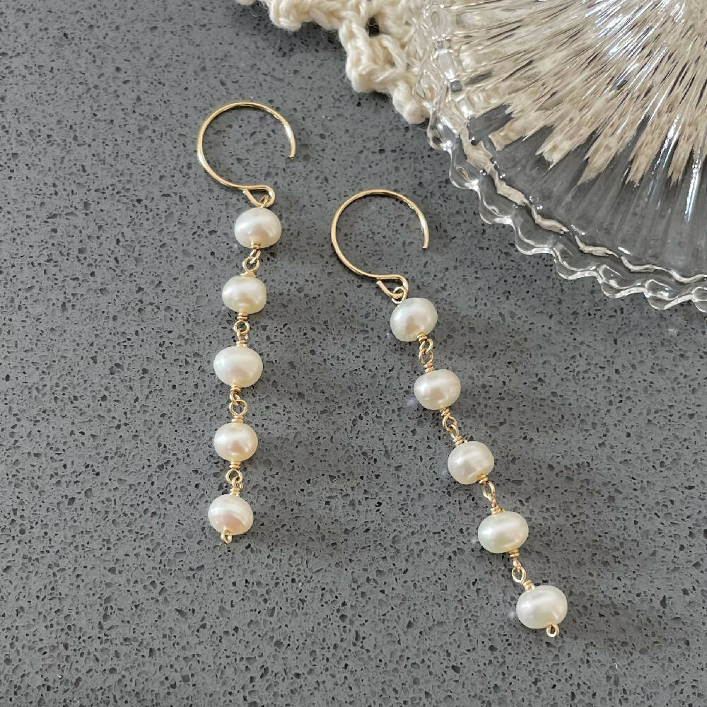 14K Gold filled five tier freshwater pearl earrings