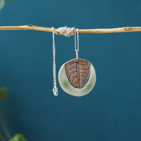 Ceramic necklace; Frangipani leaf, 925 sterling silver