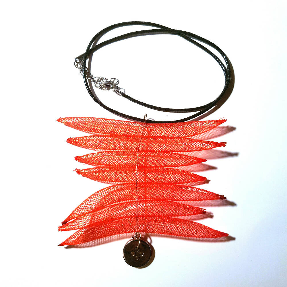 Pendant necklace, Red nylon Mesh Tubing.