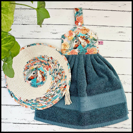 Table Mat and Hanging Hand Towel Set Boho Horse Teal