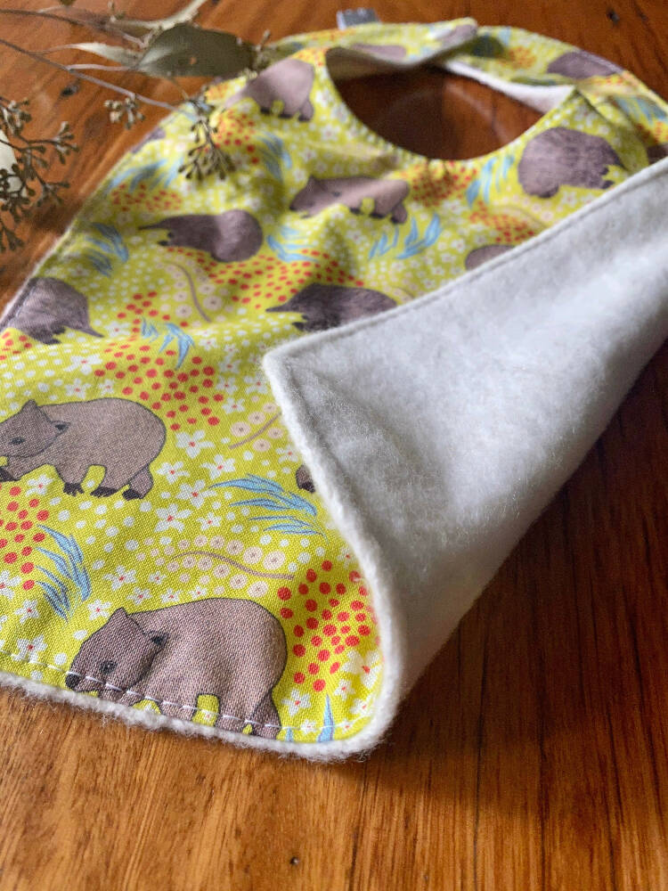 bib - green wombat echidna / organic cotton hemp fleecy / baby toddler