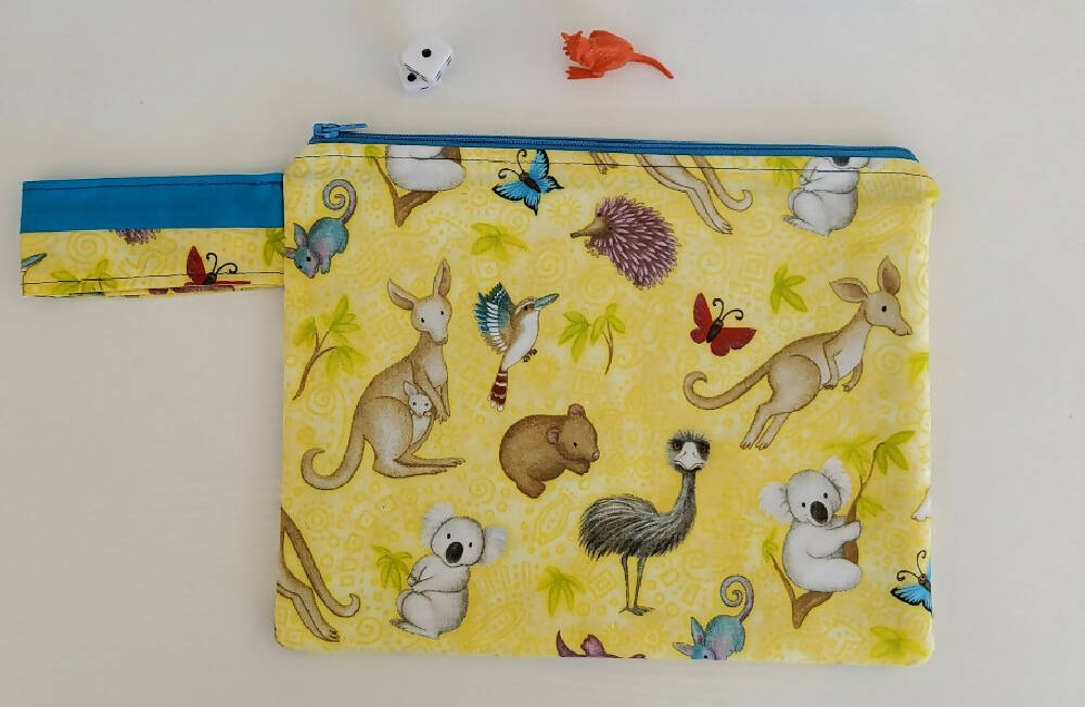 Yellow pouch with Australian baby animals.