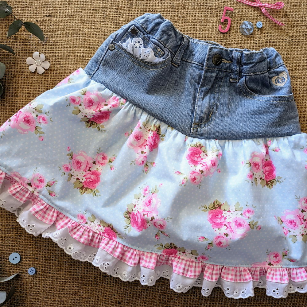 Girls Skirt Upcycled Denim Pink Posies Gingham and lace Size 5