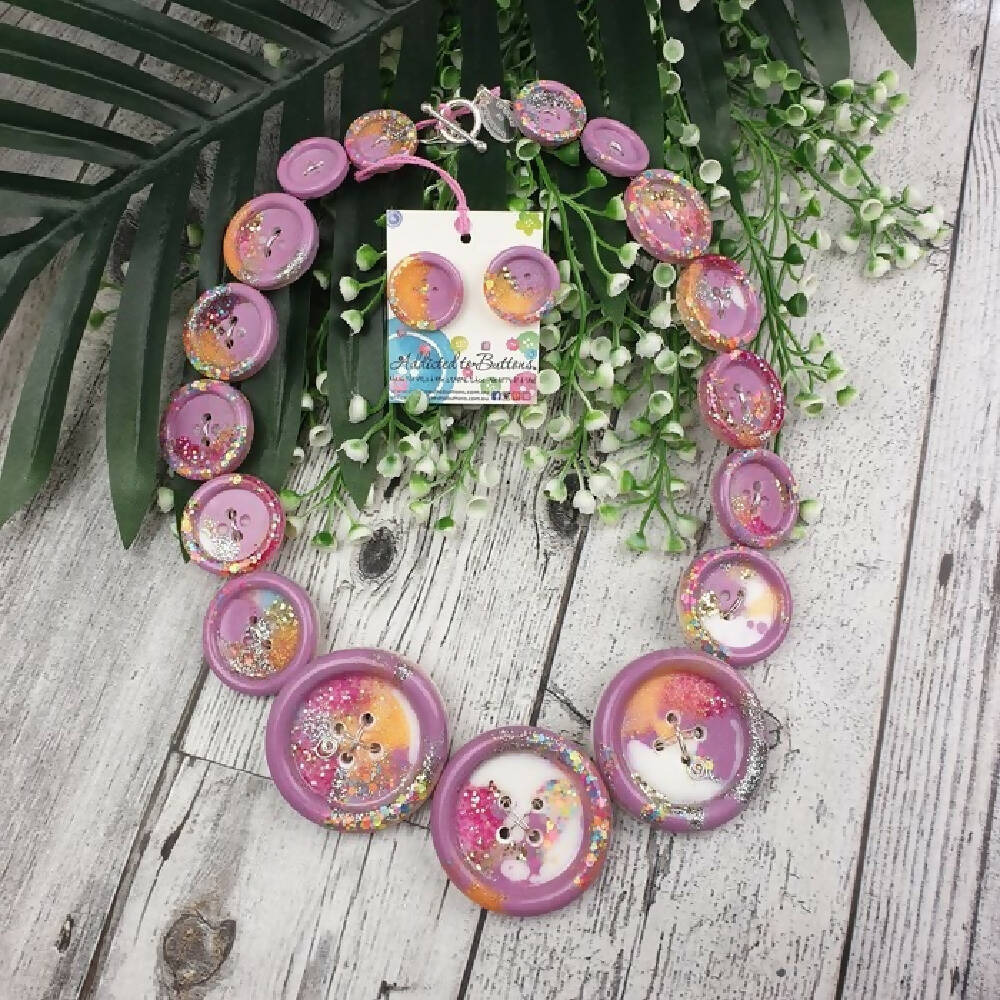 Button Necklace Pink Sparkle Glitter Handcast Resin Buttons & Earrings Jewellery