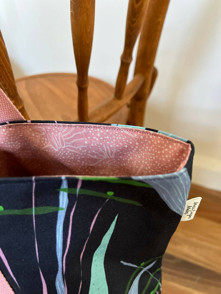 Tote Bag for Shopping/Market/Beach – 'Paper Roots' on Navy Blue + Denim