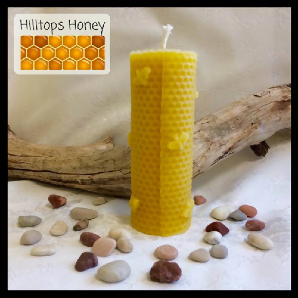 Pure Beeswax Candle - tall - honeycomb and bee, made with natural beeswax