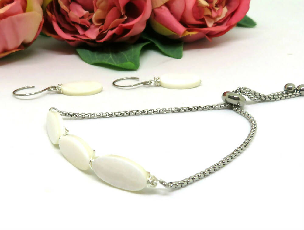 Mother of Pearl Wire Wrapped Slider Bracelet and Earring Set