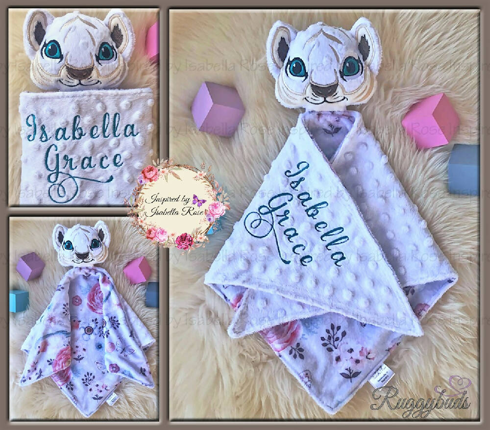 Baby comforter, Embroidered name, Tiger themed Ruggybud, Made to order