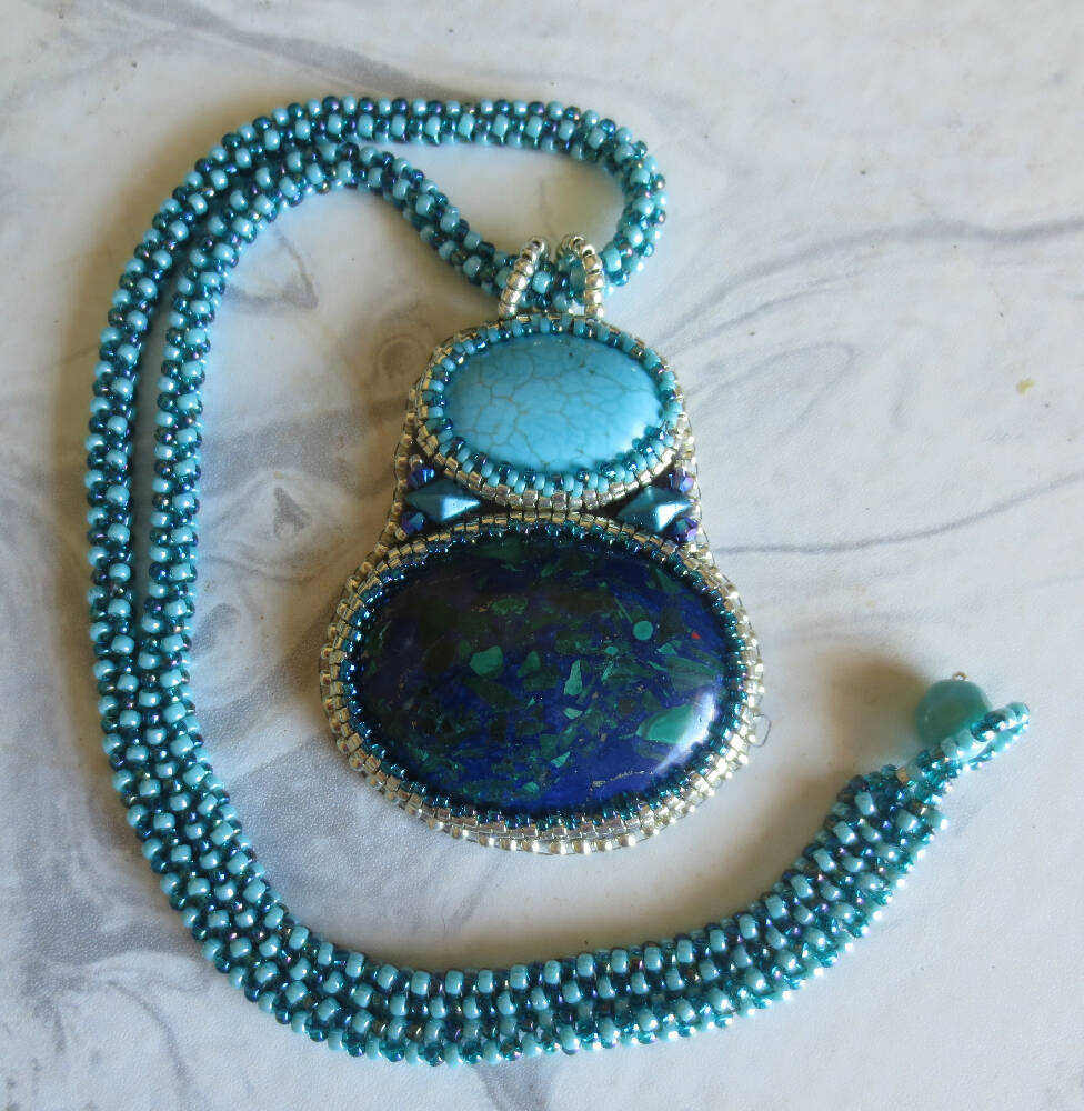 Double Cabochon Pendant Necklace with Beaded Rope