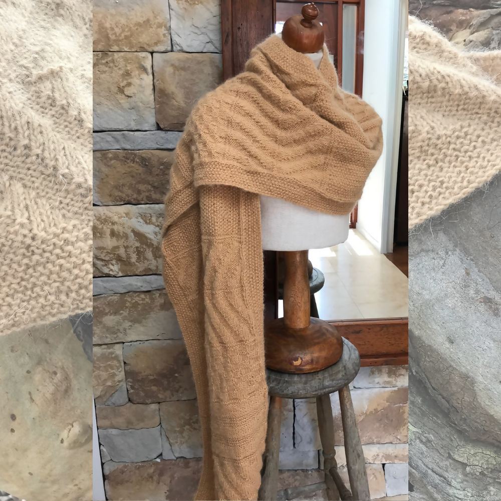 Tan Guernsey wrap. Extra long Scarf. Textured shawl. Knitted Slow fashion.