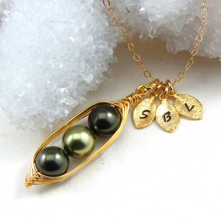 Three Peas In A Pod Shades Of Green Personalized Necklace