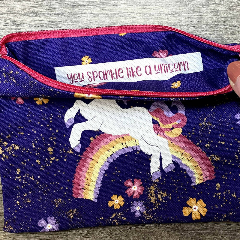 Zipper Purse - Unicorn jumping over rainbow with Secret Message inside