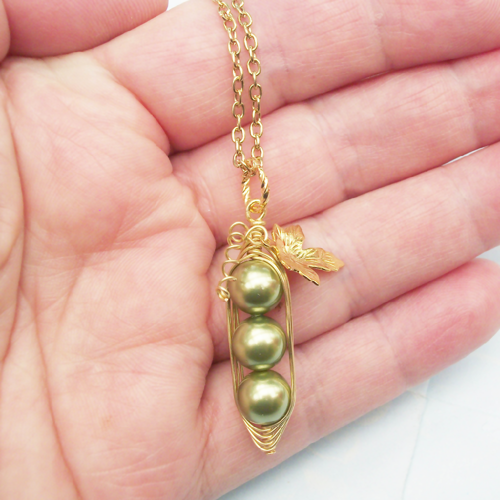 Three Peas In A Pod Gold Pendant Necklace