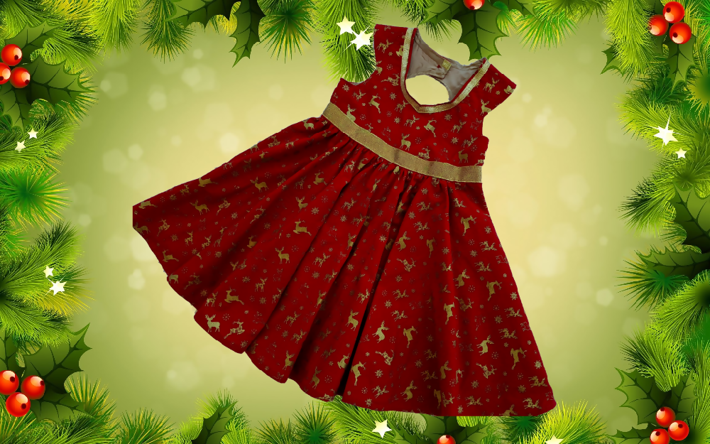 Christmas Dress, Gold Reindeer on Red