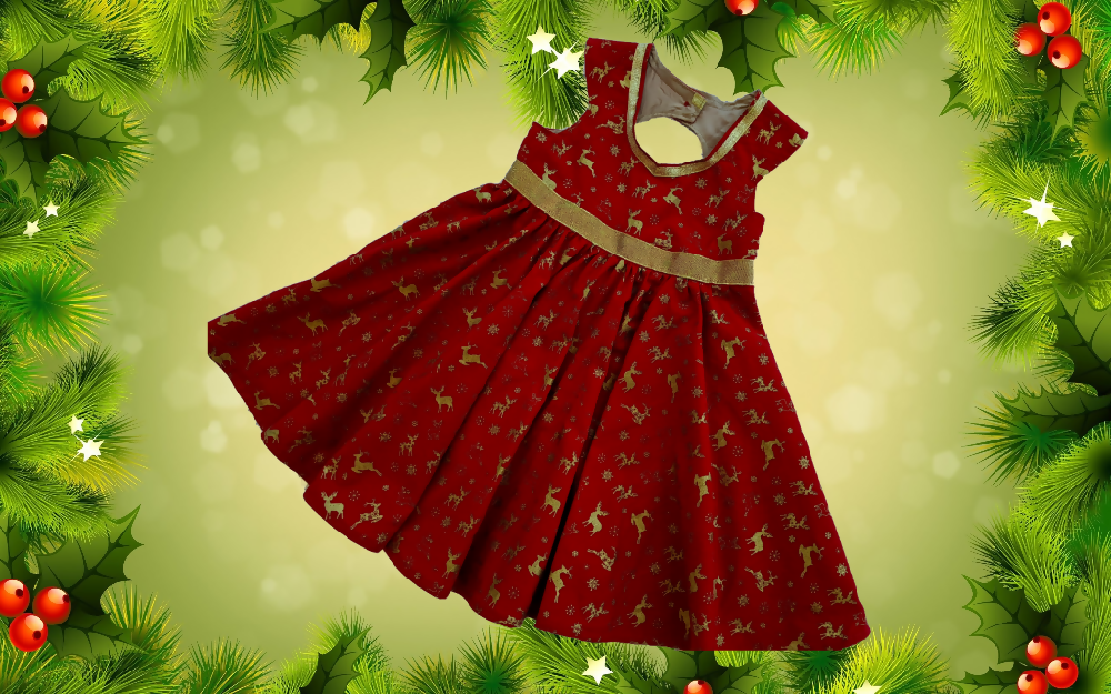 Christmas Dress, Gold Reindeer on Red, Sizes 1, 4, 5, 6.