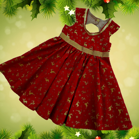 Xmas Dress, Gold Reindeer on Red, Sizes 1, 4, 5, 6.