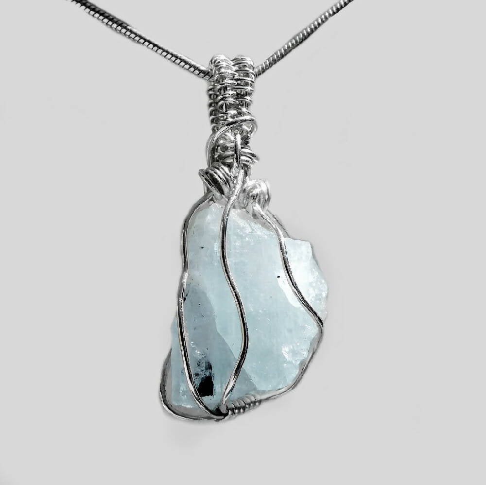 Raw Aquamarine and Tourmaline pendant, Sterling silver wire wrapped