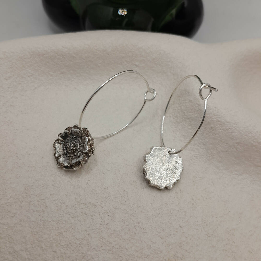 Fine silver 999 bohemian flower hoop earrings with handmade ear wire