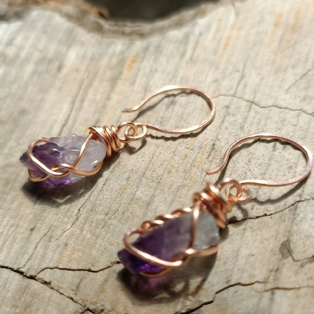 amethyst gemstone handmade wire wrapped copper dangle earrings
