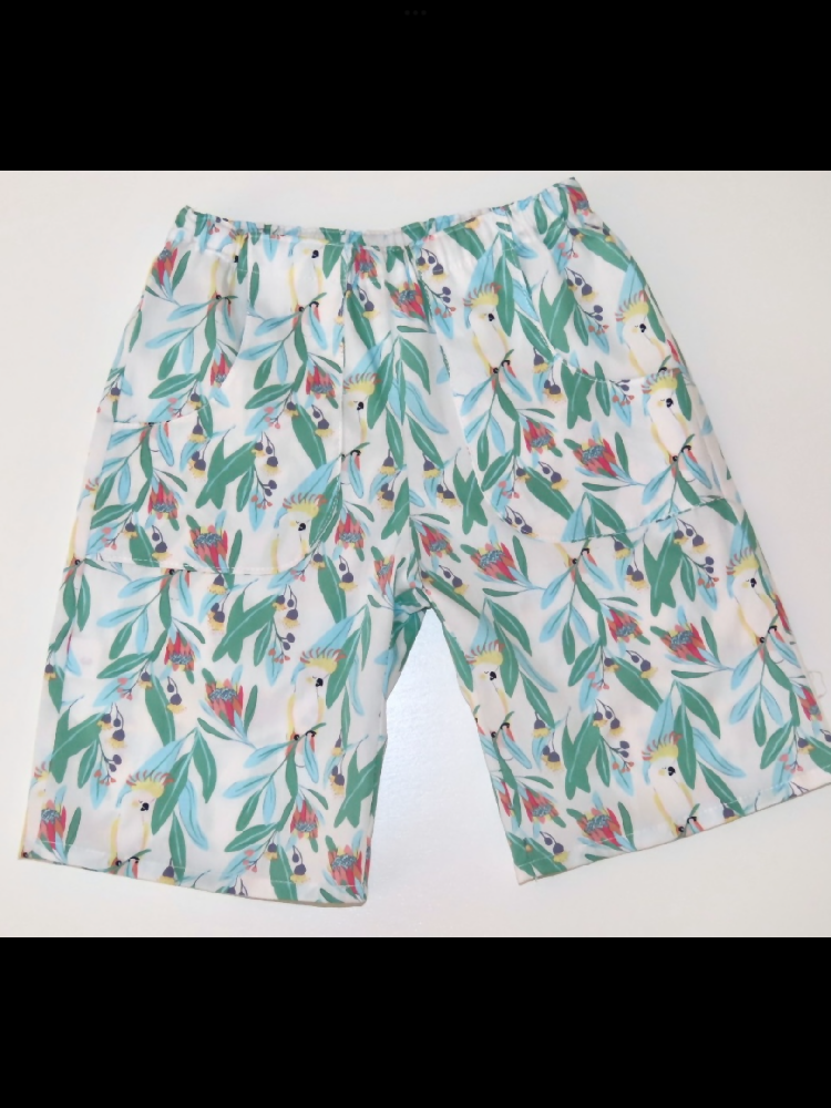 Boys/Girls Bermuda style shorts in cockatoo fabric