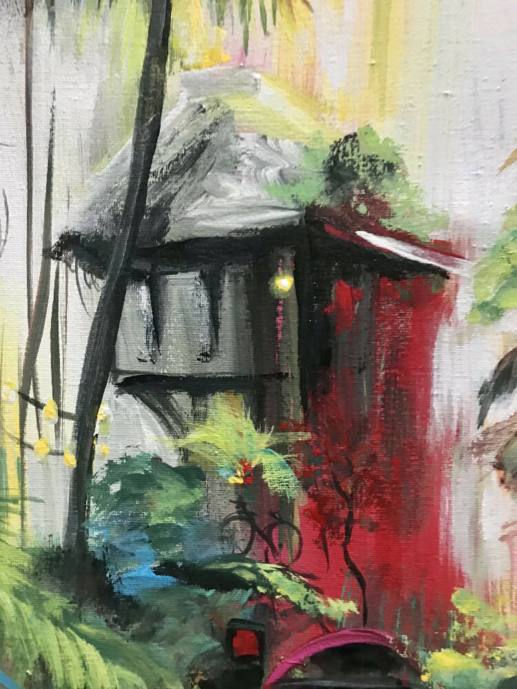Shanty village by the lake, original painting 40x50 cm signed