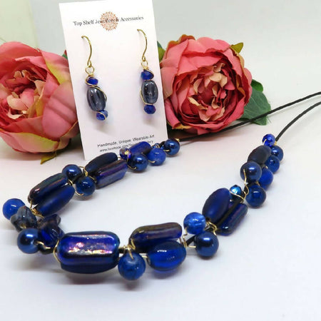 Blues Wire Wrapped Beaded Necklace Earrings Set