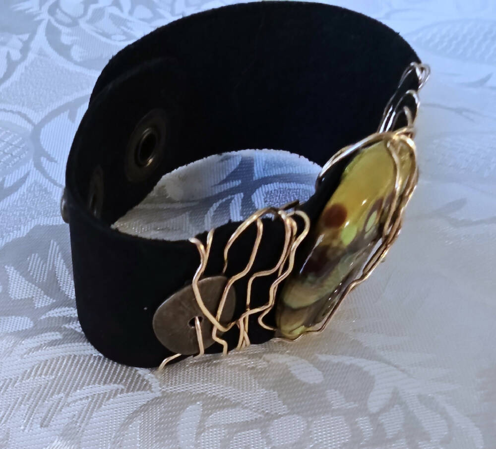 Black Leather Cuff featuring a Wirewrapped Glass Artisan Lampwork Focal Bead,