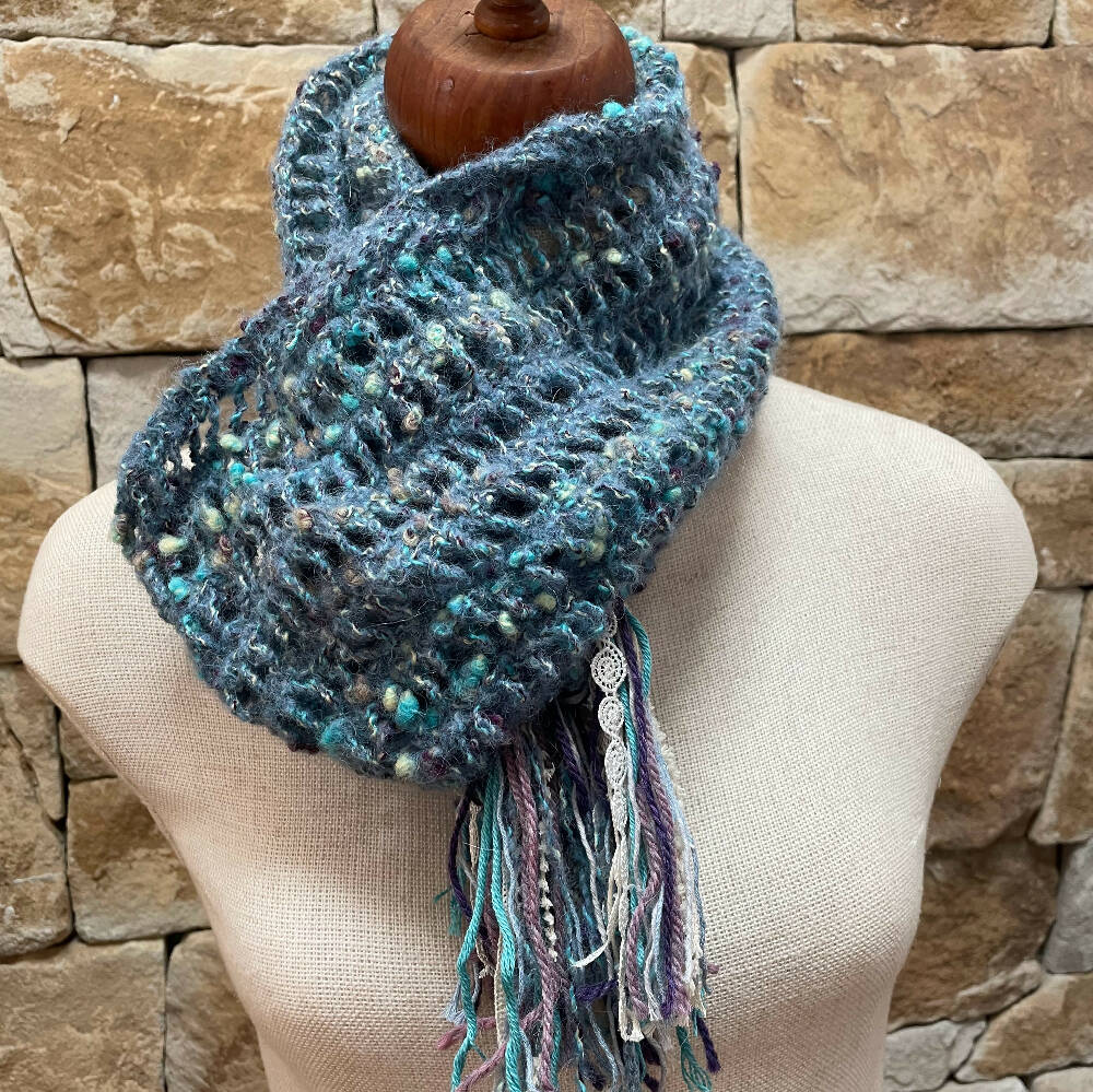 Blue & Purple Alpaca scarf with fabric tassels