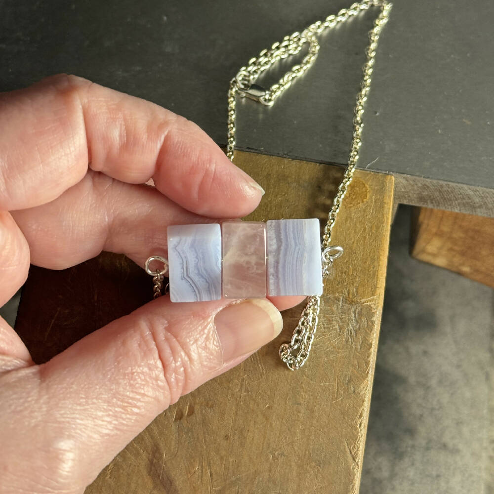 Blue lace agate and rose quartz on sterling silver chain