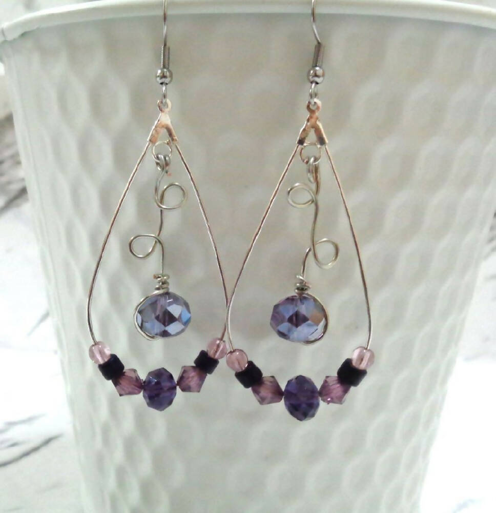 hoop earrings - purple beads - silver