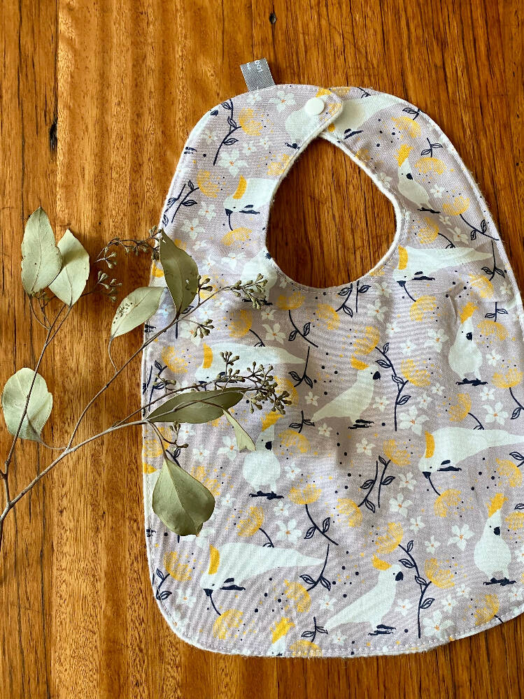 bib - grey cockatoo / eco friendly / organic cotton hemp / baby toddler