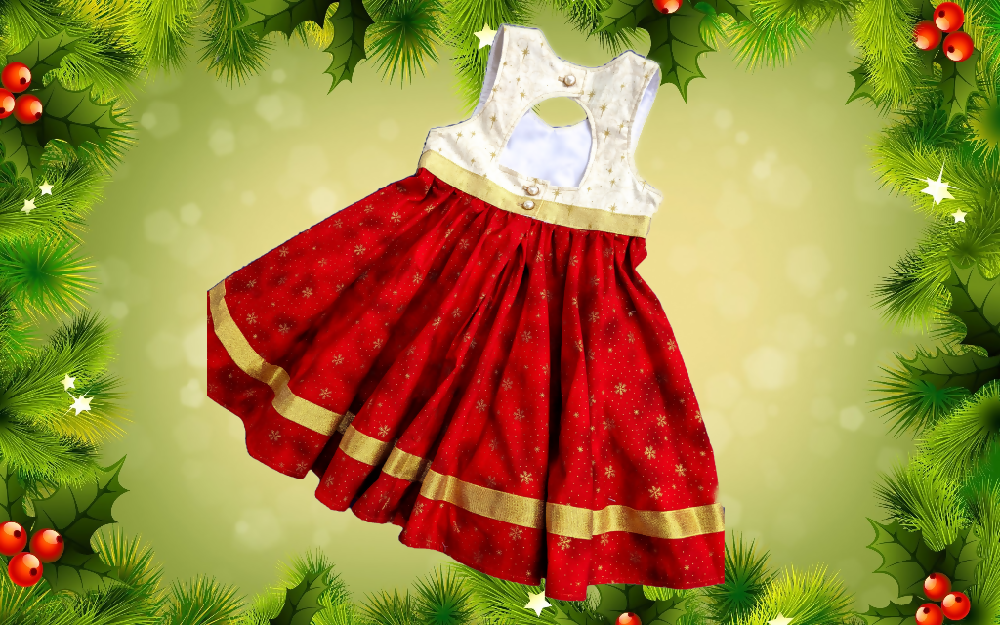 Xmas, Girls Dress, Snowflakes Swirl, red and gold, Size 7, 8.