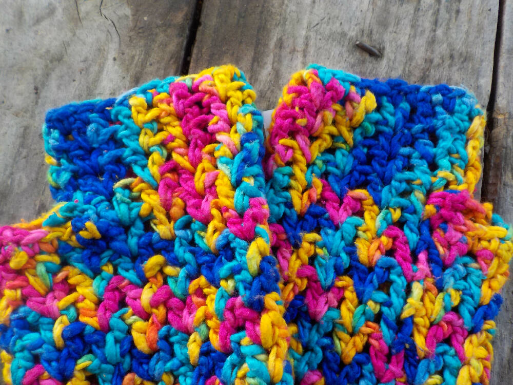crocheted fingerless mitts bright silk