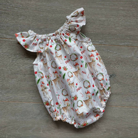 Christmas Deer Playsuit Flutter Sleeves Green And Red Christmas Romper Coming Home Outfit Baby Photos Baby Gift Bubble Romper Xmas Playsuit