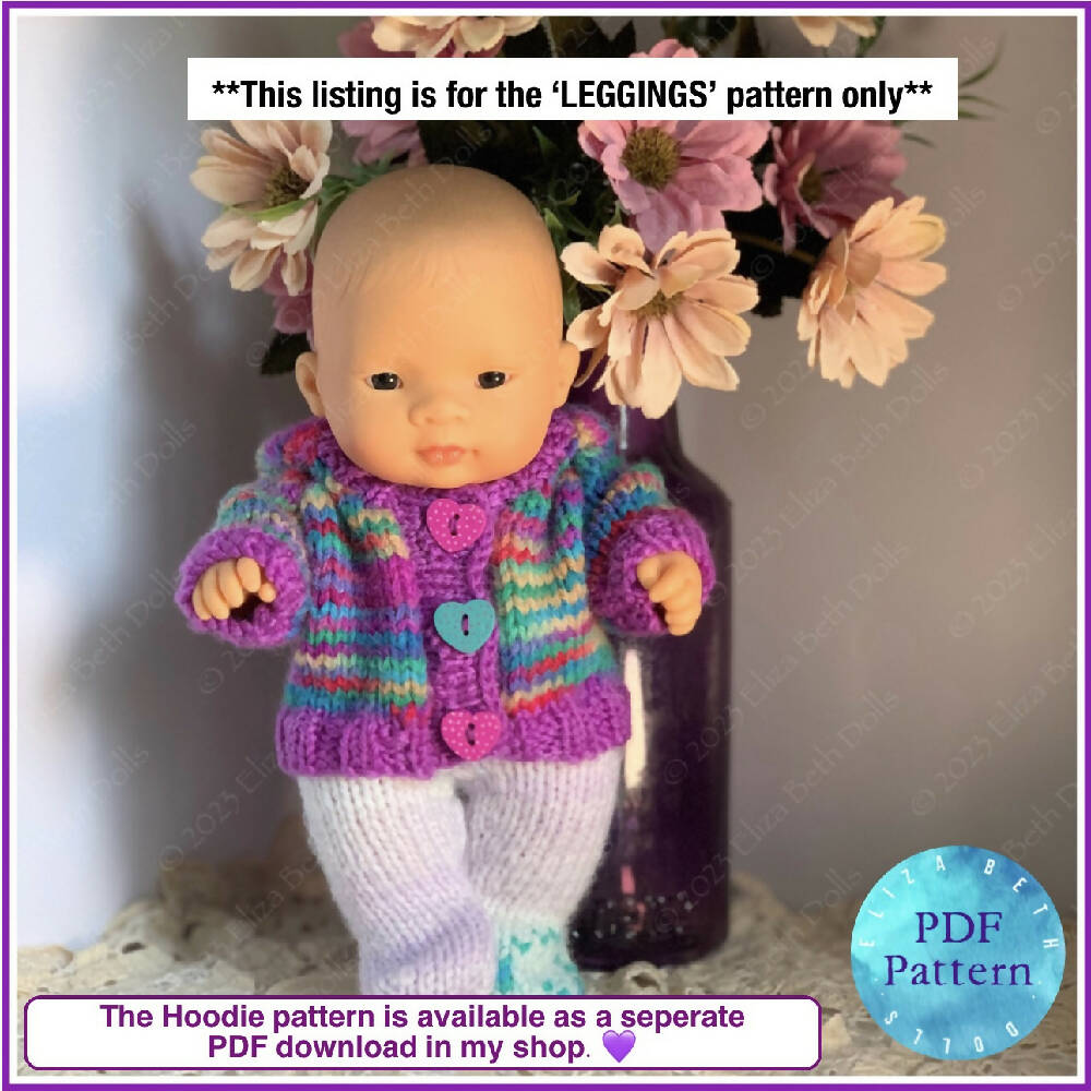 Miniland 21cm clothes, PDF digital pattern, Stockings, Leggings, Tights, Boy, Girl, Unisex, Easy quick knit, Straight needles, Flat knit, Baby doll clothes, Cute outfit, Doll accessories, Minikane, 8inch, Clear instructions, Photos, 8ply DK yarn, Beginner friendly, Basic knitting, Simple pattern, 2, Eliza Beth Dolls, ElizaBethDolls, Australia