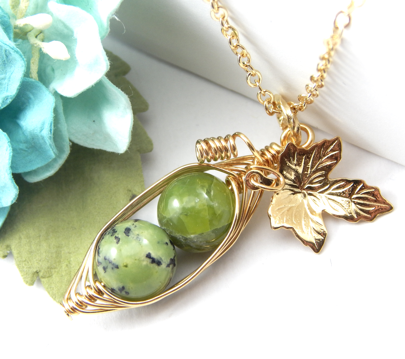 Two Peas in a Pod Chrysoprase Pea Pod Necklace