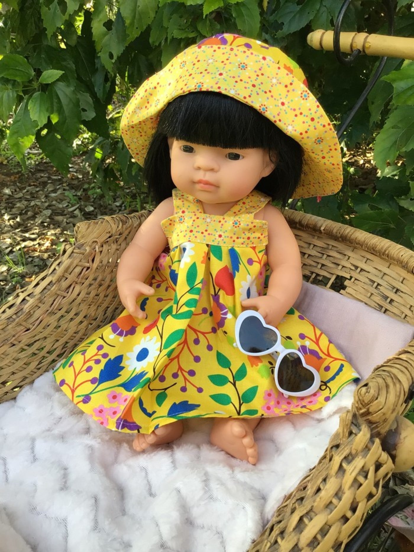 34-43cm dolls Sundress and Sunhat - yellow bright floral