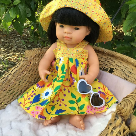 34-43cm dolls Sundress and Sunhat - yellow bright floral