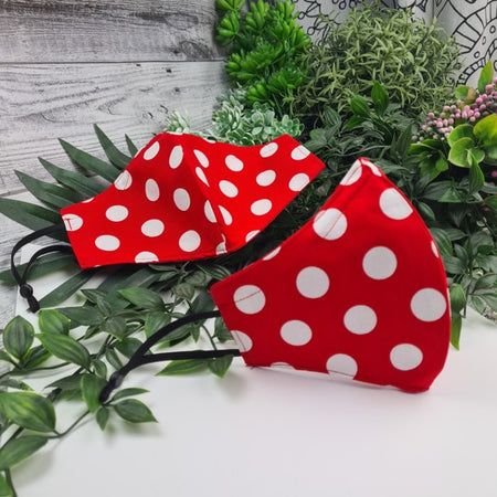 Mask - Red Dots - Face Cover - 3 Layer Cotton Nose Wire Adjustable