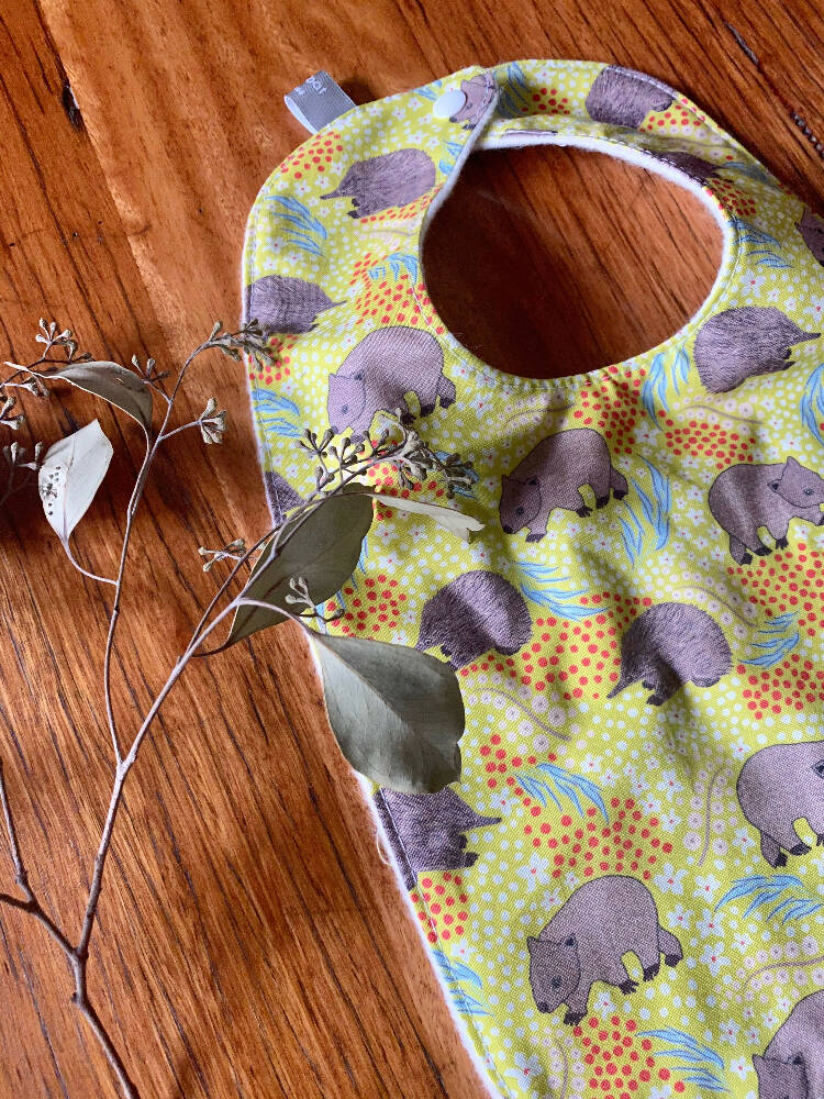 bib - green wombat echidna / organic cotton hemp fleecy / baby toddler