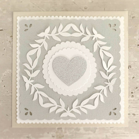 Greeting Card with Floral Wreath and Heart in Ivory, White & Grey