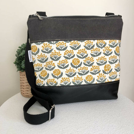Grey Canvas and Genuine Leather Crossbody Bag with Yellow Flowers