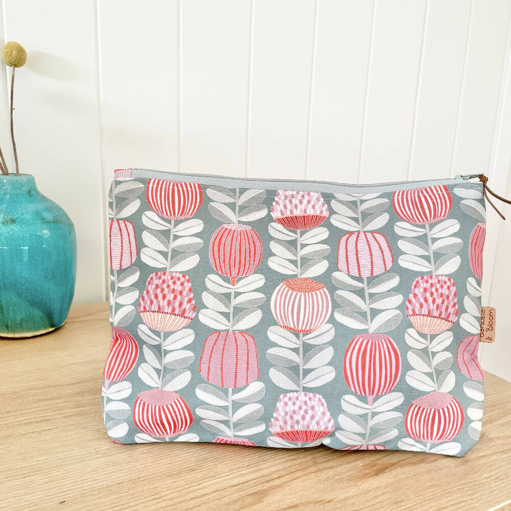 Large Zipper Pouch~ Proteas Grey and Pink