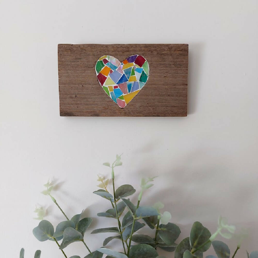 Rainbow heart mosaic, stained glass mosaic carved into reclaimed wood
