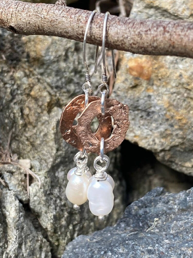 Hammered Copper and Natural Pearl Earrings in Sterling Silver