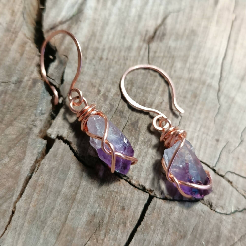 amethyst copper wire wrapped dangle earrings